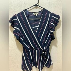 Monteau Navy blue purple and white striped v neck blouse